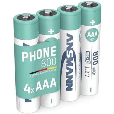 Ansmann AAA 800 mAh NiMH 1,2 V oplaadbare batterijen (4 stuks) oplaadbare batterijen voor draadloze vaste telefoon, babyfoon, walkietalkie enz. AAA batterij met lage zelfontlading Ansmann AAA 800 mAh NiMH 1,2 V oplaadbare batterijen (4 stuks) oplaadbare batterijen voor draadloze vaste telefoon, babyfoon, walkietalkie enz. AAA batterij met lage zelfontlading