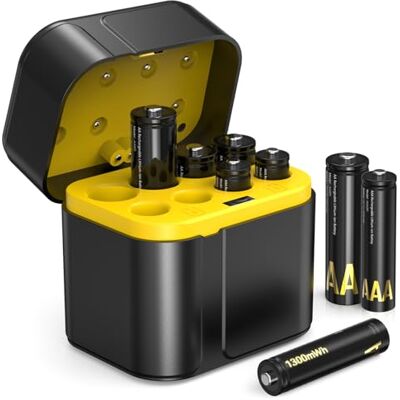 SURFOU Set van 4 oplaadbare lithiumbatterijen + 4 AAA-batterijen met oplader, 1300 mWh hoge capaciteit 1,5 V AA met geïntegreerde oplaadopbergdoos, meer dan 1600 AAA-cycli SURFOU Set van 4 oplaadbare lithiumbatterijen + 4 AAA-batterijen met oplader, 1300 mWh hoge capaciteit 1,5 V AA met geïntegreerde oplaadopbergdoos, meer dan 1600 AAA-cycli