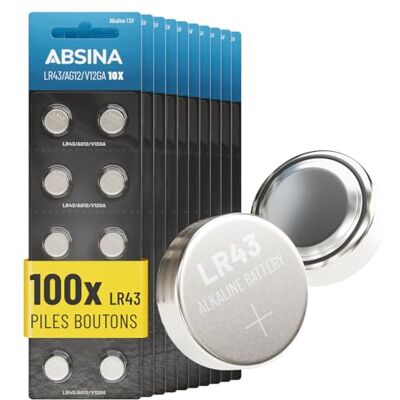 ABSINA AG12 LR43 alkaline knoopcellen 1,5 V lekvrij en duurzaam 100 stuks LR 43 / 186 / LR1142 / L1142 / V12GA / GPA76 / RW84 batterijen ABSINA AG12 LR43 alkaline knoopcellen 1,5 V lekvrij en duurzaam 100 stuks LR 43 / 186 / LR1142 / L1142 / V12GA / GPA76 / RW84 batterijen