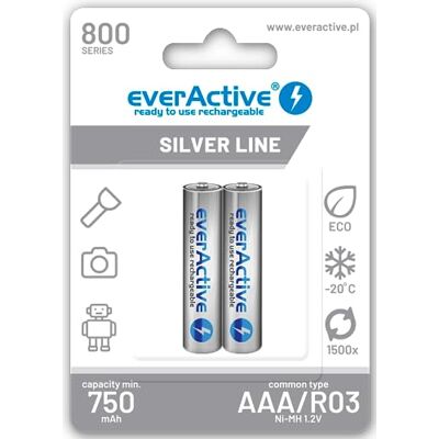 everActive 2 x AAA-batterijen, 800 mAh, NI-MH Micro R03, voorgeladen, Silver Line, 1,2 V, 1 blisterkaart everActive 2 x AAA-batterijen, 800 mAh, NI-MH Micro R03, voorgeladen, Silver Line, 1,2 V, 1 blisterkaart