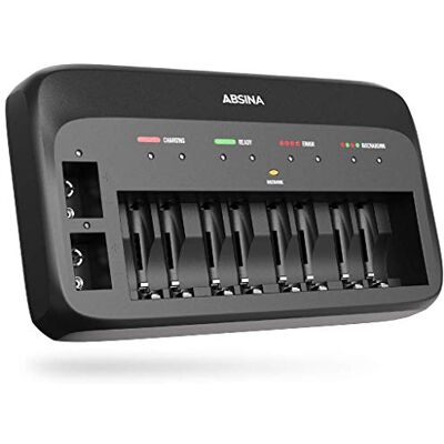 ABSINA Oplaadbare batterijlader X10 voor AA, AAA en 9 V, NiMH-oplader met 10 sleuven ABSINA Oplaadbare batterijlader X10 voor AA, AAA en 9 V, NiMH-oplader met 10 sleuven