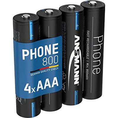 Ansmann HR03 Telefoon met oplaadbare 800 mAh batterijen (4 stuks), DECT-batterijen voor draadloze telefoon of babyfoon – accu met snelle en lage zelfontlading Ansmann HR03 Telefoon met oplaadbare 800 mAh batterijen (4 stuks), DECT-batterijen voor draadloze telefoon of babyfoon – accu met snelle en lage zelfontlading