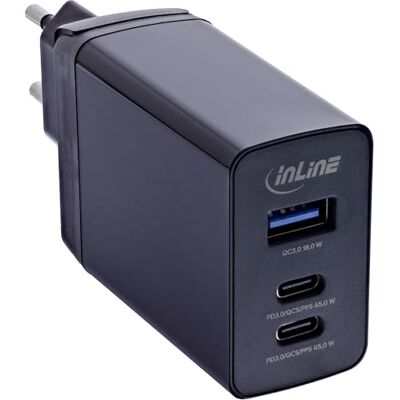 InLine 31516D TravelCharge 3-poorts 65W voeding met GaN-technologie, 2x USB-C (PD3.0, PPS, QC4+), 1x USB-A (QC3.0), reisadapter EU/UK/US, zwart InLine 31516D TravelCharge 3-poorts 65W voeding met GaN-technologie, 2x USB-C (PD3.0, PPS, QC4+), 1x USB-A (QC3.0), reisadapter EU/UK/US, zwart
