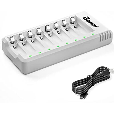 BONAI Oplader met 8 sleuven voor oplaadbare batterijen, intelligente snellader voor oplaadbare batterijen AA/LR6, AAA/LR3, Ni-CD/Ni-MH BONAI Oplader met 8 sleuven voor oplaadbare batterijen, intelligente snellader voor oplaadbare batterijen AA/LR6, AAA/LR3, Ni-CD/Ni-MH