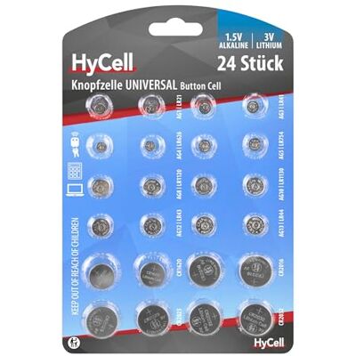 Ansmann HyCell Voordeelset met 24 knoopcellen, 1 paar voor elk type CR2032, CR2025, CR2016, CR1620, LR41, LR43, LR44, LR626, LR621, LR754, LR1120, LR1130, ideaal voor autosleutels, speelgoed, horloges enz. Ansmann HyCell Voordeelset met 24 knoopcellen, 1 paar voor elk type CR2032, CR2025, CR2016, CR1620, LR41, LR43, LR44, LR626, LR621, LR754, LR1120, LR1130, ideaal voor autosleutels, speelgoed, horloges enz.