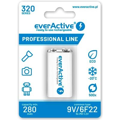 everActive Batterij 9 V 320 mAh, NI-MH, oplaadbaar, voorgeladen, hoog vermogen, Professional Line 6F22 HR22 8,4 V, 1 stuk, 1 blister EVHRL22-320 wit everActive Batterij 9 V 320 mAh, NI-MH, oplaadbaar, voorgeladen, hoog vermogen, Professional Line 6F22 HR22 8,4 V, 1 stuk, 1 blister EVHRL22-320 wit