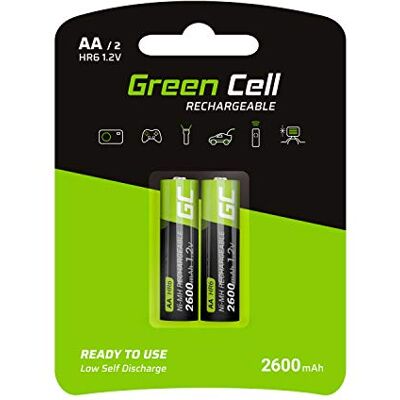 Green Cell 2 x 2600 mAh 1,2 V Ni-MH AA batterijen voorgeladen AA/Mignon batterijen gebruiksklaar, krachtig, lage zelfontlading, oplaadbare batterij, zonder geheugeneffect Green Cell 2 x 2600 mAh 1,2 V Ni-MH AA batterijen voorgeladen AA/Mignon batterijen gebruiksklaar, krachtig, lage zelfontlading, oplaadbare batterij, zonder geheugeneffect