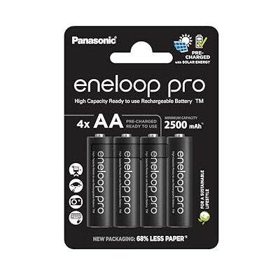 Eneloop Panasonic pro Ready-to-Use Ni-MH batterijen, AA/Mignon, 4-pack, min. 2500 mAh, levensduur van 500 laadcycli, met geringe zelfontlading, oplaadbare batterijen in plasticvrije verpakking Eneloop Panasonic pro Ready-to-Use Ni-MH batterijen, AA/Mignon, 4-pack, min. 2500 mAh, levensduur van 500 laadcycli, met geringe zelfontlading, oplaadbare batterijen in plasticvrije verpakking