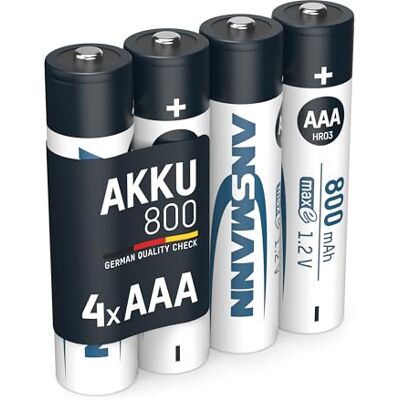 Ansmann Oplaadbare NiMH batterijen 800 mAh 1,2 V (4 stuks) – AAA HR03 batterijen zonder geheugeneffect of overbelastingsgevaar – NiMH-batterijen voor afstandsbediening, draadloze muis enz. Ansmann Oplaadbare NiMH batterijen 800 mAh 1,2 V (4 stuks) – AAA HR03 batterijen zonder geheugeneffect of overbelastingsgevaar – NiMH-batterijen voor afstandsbediening, draadloze muis enz.