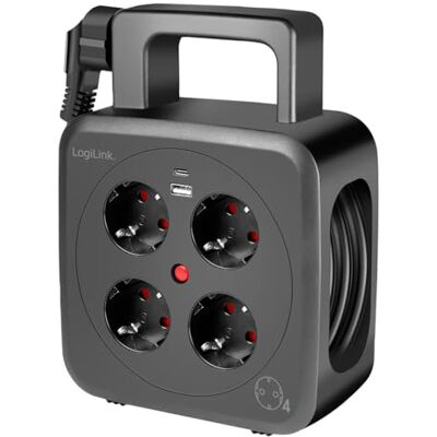 Logilink LPS504 5 m kabelhaspel met 4 stopcontacten (geaarde stopcontacten), 1 USB-A-poort en 1 USB-C-poort, beschermingsklasse IP20 en thermische beveiligingsschakelaar Logilink LPS504 5 m kabelhaspel met 4 stopcontacten (geaarde stopcontacten), 1 USB-A-poort en 1 USB-C-poort, beschermingsklasse IP20 en thermische beveiligingsschakelaar