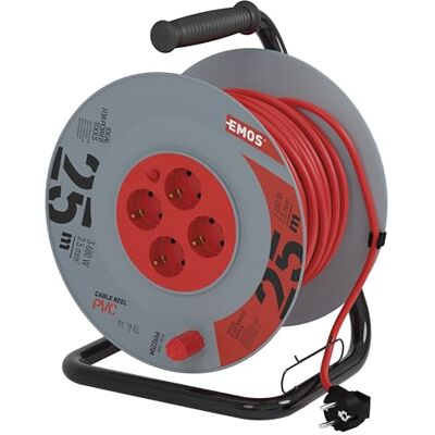 EMOS 25 m kabelhaspel met versterkte verlenging, 4 Schuko-stopcontacten, 230 V, 16 A, 3680 W, PVC-isolatie, H05VV-F3G 2,5 mm², oververhittingsbeveiliging, IP20 voor gebruik binnenshuis EMOS 25 m kabelhaspel met versterkte verlenging, 4 Schuko-stopcontacten, 230 V, 16 A, 3680 W, PVC-isolatie, H05VV-F3G 2,5 mm², oververhittingsbeveiliging, IP20 voor gebruik binnenshuis