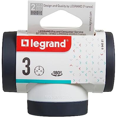 Bticino LEGRAND 694521 adapter met 3 zijstopcontacten, 2P+T, draaibaar, wit/donkergrijs Bticino LEGRAND 694521 adapter met 3 zijstopcontacten, 2P+T, draaibaar, wit/donkergrijs