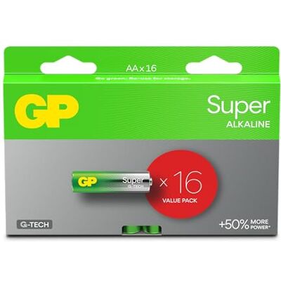 GP AA-batterijen, 16 stuks, Super, 1,5 V/LR06 Stilo AA-alkalinebatterijen, lange levensduur GP AA-batterijen, 16 stuks, Super, 1,5 V/LR06 Stilo AA-alkalinebatterijen, lange levensduur