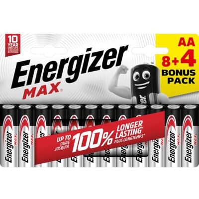 Energizer 8 + 4 AA-batterijen, lange levensduur voor dagelijks gebruik, sulfateringsvrij, met 10 jaar levensduur Energizer 8 + 4 AA-batterijen, lange levensduur voor dagelijks gebruik, sulfateringsvrij, met 10 jaar levensduur