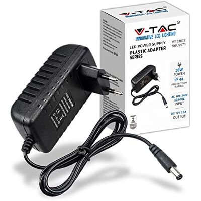 V-TAC Voeding 12 V 30 W 2,5 A voor camera's, ledstrips, modem, 12 V transformatoradapter met stopcontact voor schermen en elektronische apparaten, AC 100-240 V, 50/60 Hz, zwart V-TAC Voeding 12 V 30 W 2,5 A voor camera's, ledstrips, modem, 12 V transformatoradapter met stopcontact voor schermen en elektronische apparaten, AC 100-240 V, 50/60 Hz, zwart