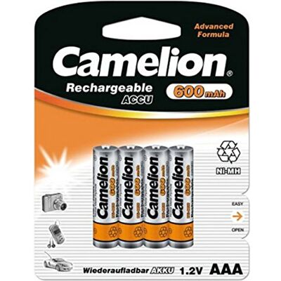 Camelion 17006403 4 stuks oplaadbare Ni-MH AAA of HR03 batterijen, capaciteit 600 mAh, voor elektronische apparaten om een optimale stroomvoorziening te garanderen Camelion 17006403 4 stuks oplaadbare Ni-MH AAA of HR03 batterijen, capaciteit 600 mAh, voor elektronische apparaten om een optimale stroomvoorziening te garanderen