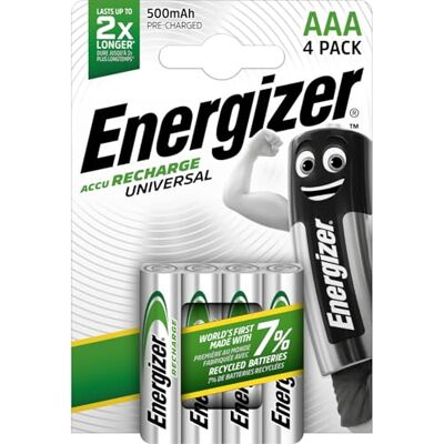 Energizer Universeel opladen – oplaadbare AAA-batterijen (4 stuks) – 500 NiMH – voorgeladen – langdurig vermogen – 1000 cycli – 100% recyclebare en plasticvrije verpakking Energizer Universeel opladen – oplaadbare AAA-batterijen (4 stuks) – 500 NiMH – voorgeladen – langdurig vermogen – 1000 cycli – 100% recyclebare en plasticvrije verpakking