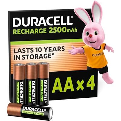 Duracell Oplaadbare AA-batterijen (4 stuks), 2500 mAh, NiMH, voorgeladen, onze oplaadbare batterijen gaan het langst mee, recyclebare verpakking van 0% kunststof Duracell Oplaadbare AA-batterijen (4 stuks), 2500 mAh, NiMH, voorgeladen, onze oplaadbare batterijen gaan het langst mee, recyclebare verpakking van 0% kunststof