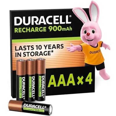 Duracell Oplaadbare AAA-batterijen (4 stuks), 900 mAh, NiMH, voorgeladen, onze oplaadbare batterijen gaan het langst mee, recyclebare verpakking van 0% kunststof Duracell Oplaadbare AAA-batterijen (4 stuks), 900 mAh, NiMH, voorgeladen, onze oplaadbare batterijen gaan het langst mee, recyclebare verpakking van 0% kunststof
