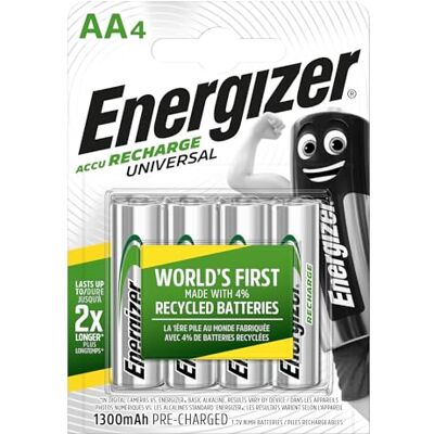 Energizer Unviersal Navulling – oplaadbare AA-batterijen (4 stuks) – 1300 NiMH – voorgeladen – langdurig vermogen – 1000 cycli – 100% recyclebare en plasticvrije verpakking Energizer Unviersal Navulling – oplaadbare AA-batterijen (4 stuks) – 1300 NiMH – voorgeladen – langdurig vermogen – 1000 cycli – 100% recyclebare en plasticvrije verpakking