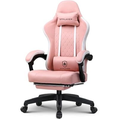 GTPLAYER Ergonomische gamingstoel met stoffen oppervlak, veerzitkussen, verbindingsarmleuningen en voetensteun, roze GTPLAYER Ergonomische gamingstoel met stoffen oppervlak, veerzitkussen, verbindingsarmleuningen en voetensteun, roze