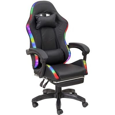 Baroni Home Ergonomische gamingstoel met lendenkussen, verstelbare ledverlichting en afneembare voetensteun, gamingstoel en bureau, rugleuning kantelbaar en in hoogte verstelbaar, zwart, 68 x 66 x 125-133 cm Baroni Home Ergonomische gamingstoel met lendenkussen, verstelbare ledverlichting en afneembare voetensteun, gamingstoel en bureau, rugleuning kantelbaar en in hoogte verstelbaar, zwart, 68 x 66 x 125-133 cm
