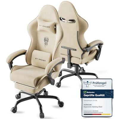 Huracan Ergonomische gamingstoel met lendensteun en voetensteun, rugleuning 90-160 graden verstelbaar, 150 kg, beige Huracan Ergonomische gamingstoel met lendensteun en voetensteun, rugleuning 90-160 graden verstelbaar, 150 kg, beige