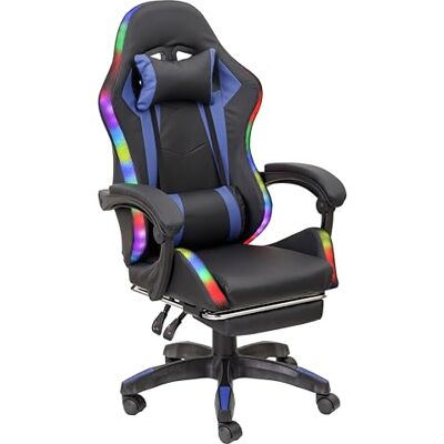 Baroni Home Ergonomische gamingstoel met lendenkussen, verstelbare ledverlichting en afneembare voetensteun, gamingstoel en bureau, rugleuning kantelbaar en in hoogte verstelbaar, blauw, 68 x 66 x 125-133 cm Baroni Home Ergonomische gamingstoel met lendenkussen, verstelbare ledverlichting en afneembare voetensteun, gamingstoel en bureau, rugleuning kantelbaar en in hoogte verstelbaar, blauw, 68 x 66 x 125-133 cm