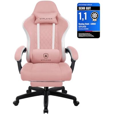 GTPLAYER Ergonomische gamingstoel met stoffen oppervlak, veerkussen, verbindingsarmleuningen en voetensteun, roze GTPLAYER Ergonomische gamingstoel met stoffen oppervlak, veerkussen, verbindingsarmleuningen en voetensteun, roze