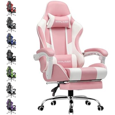 GTPLAYER Ergonomische gamingstoel met voetensteun, hoofdsteun, lendenkussen, gevoerd, draaibaar, roze GTPLAYER Ergonomische gamingstoel met voetensteun, hoofdsteun, lendenkussen, gevoerd, draaibaar, roze