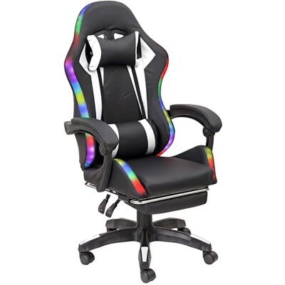 Baroni Home Ergonomische gamingstoel met lendenkussen, verstelbare ledverlichting en afneembare voetensteun, gamingstoel en bureau, rugleuning kantelbaar en in hoogte verstelbaar, wit, 68 x 66 x 125-133 cm Baroni Home Ergonomische gamingstoel met lendenkussen, verstelbare ledverlichting en afneembare voetensteun, gamingstoel en bureau, rugleuning kantelbaar en in hoogte verstelbaar, wit, 68 x 66 x 125-133 cm