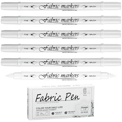Duoleimi 6 stuks witte textielmarkers, permanente textielmarkers, machinewasbaar, dubbele punt voor T-shirts en stoffen zakken, witte textielmarkers Duoleimi 6 stuks witte textielmarkers, permanente textielmarkers, machinewasbaar, dubbele punt voor T-shirts en stoffen zakken, witte textielmarkers