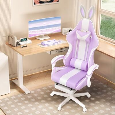 Huracan Ergonomische gamingstoel met intrekbare voetensteun, gamingstoel met kattenoren en staart, gamingstoel van stof met lendenmassage, in hoogte verstelbaar, PU-wielen, Taro-paars Huracan Ergonomische gamingstoel met intrekbare voetensteun, gamingstoel met kattenoren en staart, gamingstoel van stof met lendenmassage, in hoogte verstelbaar, PU-wielen, Taro-paars