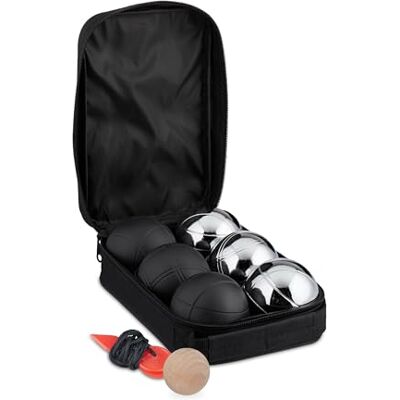 Relaxdays Speelballenset, 6 stalen ballen met houten punt, afstandsmeter, etui, zilver zwart, nylon, D: 72 mm Relaxdays Speelballenset, 6 stalen ballen met houten punt, afstandsmeter, etui, zilver zwart, nylon, D: 72 mm