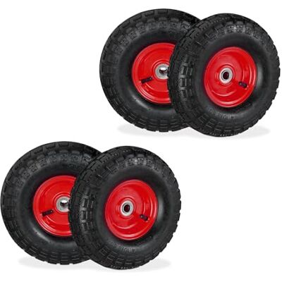 Relaxdays Set van 4 steekwagenwielen 4.10/3.50-4, reservebanden, 16 mm as, max. 136 kg, 260 x 85 mm, zwart rood Relaxdays Set van 4 steekwagenwielen 4.10/3.50-4, reservebanden, 16 mm as, max. 136 kg, 260 x 85 mm, zwart rood