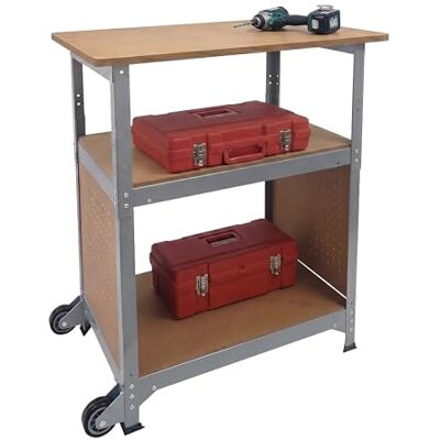 Relaxdays Werkbank met wieltjes, h x d 69,5 x 72,5 x 50 cm, in hoogte verstelbaar, werktafel met geperforeerde plaat, staal en MDF, zilver Relaxdays Werkbank met wieltjes, h x d 69,5 x 72,5 x 50 cm, in hoogte verstelbaar, werktafel met geperforeerde plaat, staal en MDF, zilver