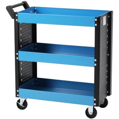 WilTec Werkplaatswagen, 3 niveaus, handgreep, wielen, kunststof, rem, opbergrek, verhoogde rand, trolley WilTec Werkplaatswagen, 3 niveaus, handgreep, wielen, kunststof, rem, opbergrek, verhoogde rand, trolley