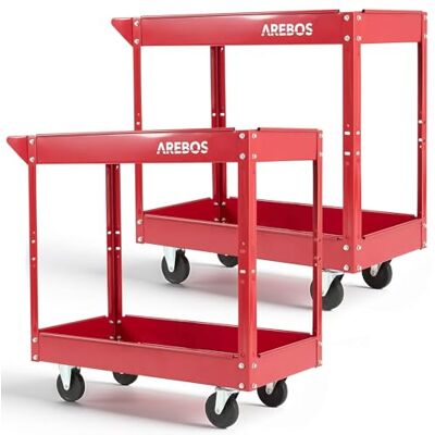 Arebos 2 stuks werkplaatskarren gereedschapswagen met 2 planken robuuste stalen structuur capaciteit tot 100 kg mobiele wagen voor werkplaats, garage en knutselen Arebos 2 stuks werkplaatskarren gereedschapswagen met 2 planken robuuste stalen structuur capaciteit tot 100 kg mobiele wagen voor werkplaats, garage en knutselen
