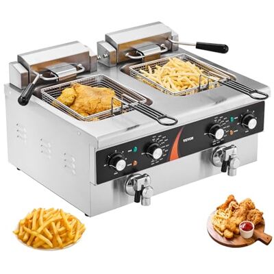 VEVOR Elektrische commerciële friteuse met dubbele badkuip, 3000 W, 2 x 8,5 l oliefriteuse met 2 manden, 1 mm dik roestvrij staal, temperatuurtijdregeling, voor gebruik VEVOR Elektrische commerciële friteuse met dubbele badkuip, 3000 W, 2 x 8,5 l oliefriteuse met 2 manden, 1 mm dik roestvrij staal, temperatuurtijdregeling, voor gebruik