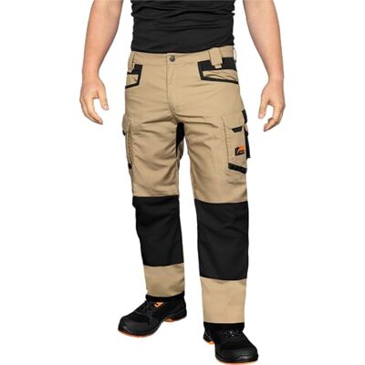 ACE Constructor Lange werkbroek voor heren, werkbroek voor heren met stretchriem, cargozakken en kniebeschermers, Beige 56 ACE Constructor Lange werkbroek voor heren, werkbroek voor heren met stretchriem, cargozakken en kniebeschermers, Beige 56