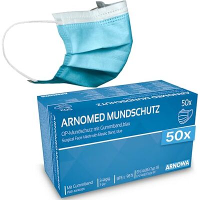 ARNOMED maskers medisch blauw 50 stuks, maskers wegwerp Type IIR, chirurgische maskers blauwe volgens norm EN 14683, 3-laags medisch gezichtsmasker CE gecertificeerd, blauwe mondmasker met BFE ≥ 98% ARNOMED maskers medisch blauw 50 stuks, maskers wegwerp Type IIR, chirurgische maskers blauwe volgens norm EN 14683, 3-laags medisch gezichtsmasker CE gecertificeerd, blauwe mondmasker met BFE ≥ 98%