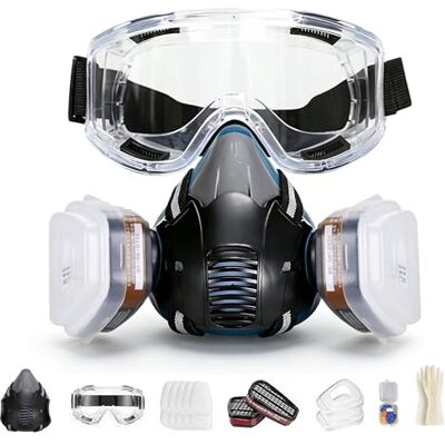CERKAKITCH Ademmasker met veiligheidsbril, 10 verwisselbare filters, gas, chemicaliën, epoxyhars, doe-het-zelf, met katoenen filter, veiligheidsbril, handschoenen CERKAKITCH Ademmasker met veiligheidsbril, 10 verwisselbare filters, gas, chemicaliën, epoxyhars, doe-het-zelf, met katoenen filter, veiligheidsbril, handschoenen