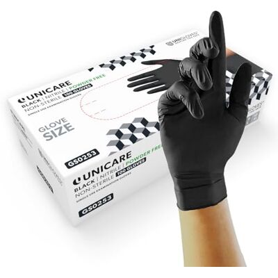UNIGLOVES Unicare GS0252 Nitril wegwerphandschoenen, poedervrij, multifunctionele wegwerphandschoenen, zwart, maat S, 100 stuks UNIGLOVES Unicare GS0252 Nitril wegwerphandschoenen, poedervrij, multifunctionele wegwerphandschoenen, zwart, maat S, 100 stuks