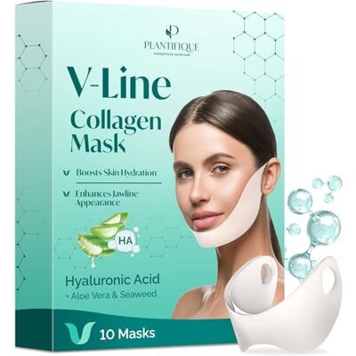 PLANTIFIQUE Double Menton V-Line gezichtsmasker – 10 maskers voor het verstevigen en verstevigen van de huid – kaakverkleiner en beeldhouwer – collageen hydrogel masker met aloë vera – kaaklijn shaping maskers PLANTIFIQUE Double Menton V-Line gezichtsmasker – 10 maskers voor het verstevigen en verstevigen van de huid – kaakverkleiner en beeldhouwer – collageen hydrogel masker met aloë vera – kaaklijn shaping maskers