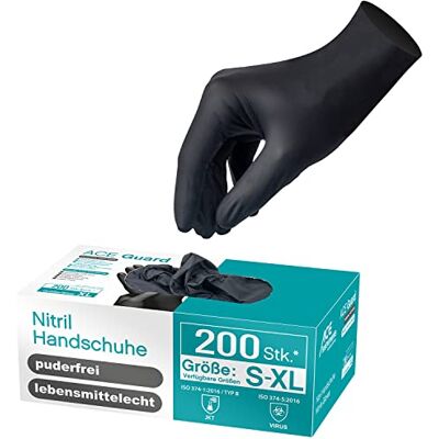 ACE Guard Chemie handschoenen latexvrije wegwerphandschoenen EN 374-1 zwart 09/L (200 stuks) L (Lot de 200) ACE Guard Chemie handschoenen latexvrije wegwerphandschoenen EN 374-1 zwart 09/L (200 stuks) L (Lot de 200)