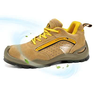SAFETOE SAFEYEAR 7296 veiligheidsschoenen van ademend leer en werksokken (1 paar) – lichte veiligheidsschoenen met brede neus van 4E staal, antislip werklaarzen voor dames en heren, Beige 38 EU Large SAFETOE SAFEYEAR 7296 veiligheidsschoenen van ademend leer en werksokken (1 paar) – lichte veiligheidsschoenen met brede neus van 4E staal, antislip werklaarzen voor dames en heren, Beige 38 EU Large