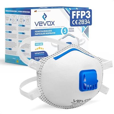 VEVOX ® FFP3 masks Doos van 5, 10 of 20 met comfort plus afdichting maskers mondkapjes mondmaskers ademhalingsmasker ffp 3 met ventiel CE-gecertificeerd voor maximale bescherming VEVOX ® FFP3 masks Doos van 5, 10 of 20 met comfort plus afdichting maskers mondkapjes mondmaskers ademhalingsmasker ffp 3 met ventiel CE-gecertificeerd voor maximale bescherming