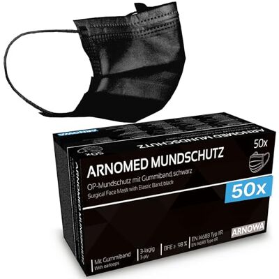 ARNOMED maskers medisch zwart 50 stuks, maskers wegwerp Type IIR, chirurgische maskers zwart volgens norm EN 14683, 3-laags medisch gezichtsmasker CE gecertificeerd, zwarte mondmasker met BFE ≥ 98% ARNOMED maskers medisch zwart 50 stuks, maskers wegwerp Type IIR, chirurgische maskers zwart volgens norm EN 14683, 3-laags medisch gezichtsmasker CE gecertificeerd, zwarte mondmasker met BFE ≥ 98%