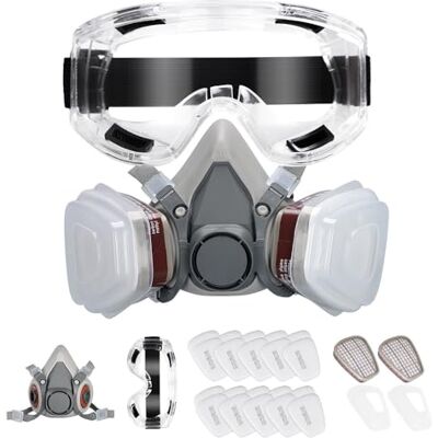 ROXIIFEE Herbruikbaar ademmasker met veiligheidsbril, 20 filters Stofmasker, siliconen, comfortabel, anti-condens, bril, complete set voor schilderen, 3D-hars, knutselen ROXIIFEE Herbruikbaar ademmasker met veiligheidsbril, 20 filters Stofmasker, siliconen, comfortabel, anti-condens, bril, complete set voor schilderen, 3D-hars, knutselen