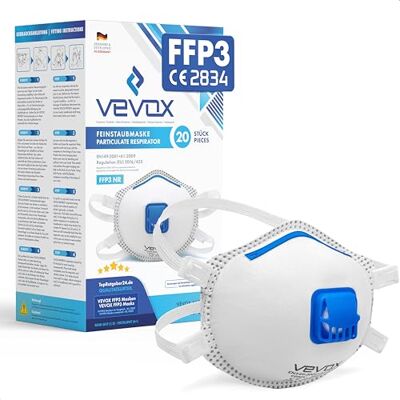 VEVOX ® FFP3 adembeschermingsmasker 20 stuks met Comfort Plus afdichting FFP3 stofmasker met ventiel voor de meest betrouwbare bescherming VEVOX ® FFP3 adembeschermingsmasker 20 stuks met Comfort Plus afdichting FFP3 stofmasker met ventiel voor de meest betrouwbare bescherming